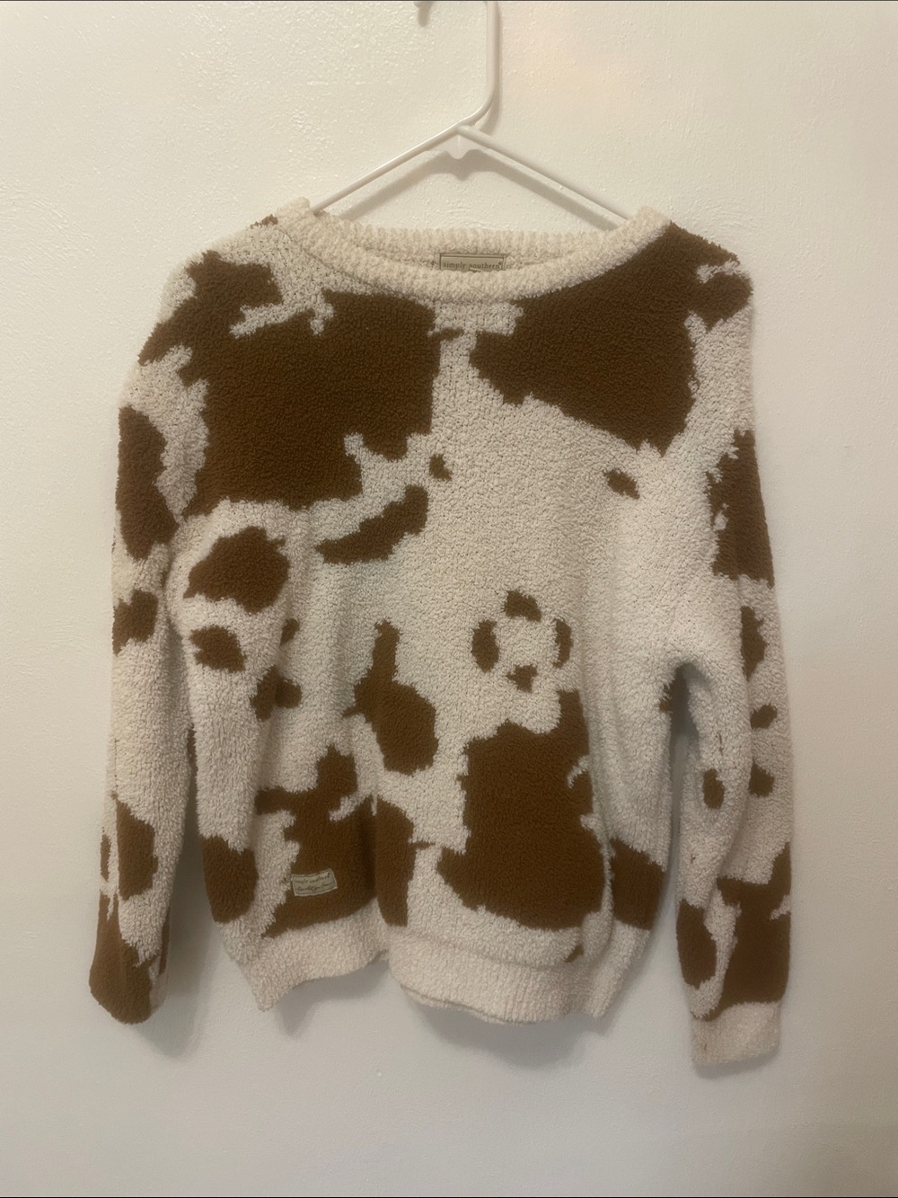 Simply Southern Cow-Print Plush Crewneck Sweater in Brown and Cream